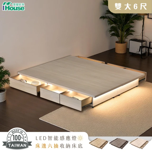 【IHouse】保羅 雙大6尺 智能感應燈光+6抽收納床底 台灣製木心板(床底/床座/床架)