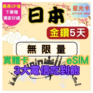 【Star SIM 星光卡】金鑽日本 含沖繩北海道三大電信5天 高速 無限量 吃到飽(實體卡  eSIM)