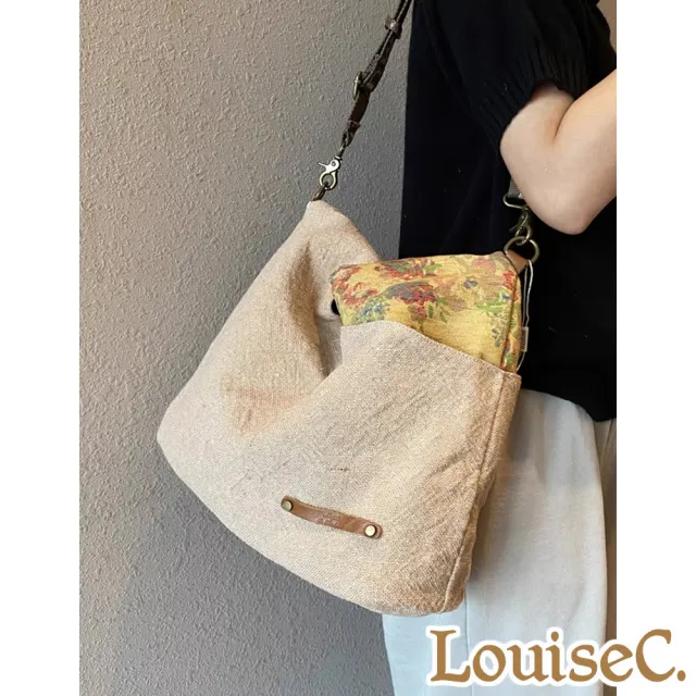【LouiseC.】雙11 Tree House 質感帆布 牛皮 復古花草拼接設計 前後插袋肩背斜背包 米色 SL0003-02