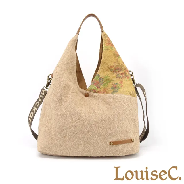 【LouiseC.】雙11 Tree House 質感帆布 牛皮 復古花草拼接設計 前後插袋肩背斜背包 米色 SL0003-02