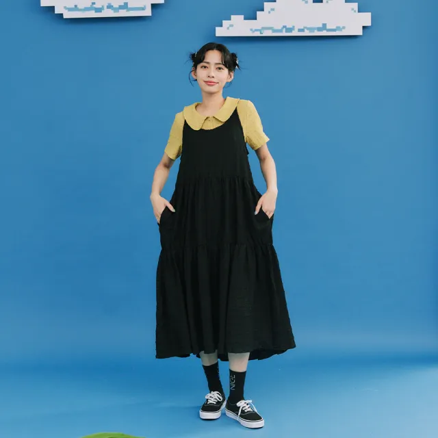 【Dailo】日系肌理感蛋糕連身無袖洋裝(黑 白 綠/魅力商品)