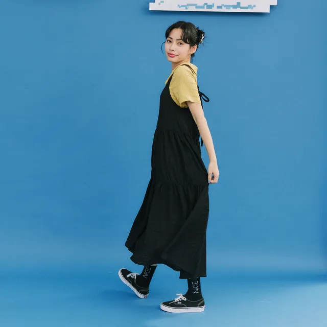 【Dailo】日系肌理感蛋糕連身無袖洋裝(黑 白 綠/魅力商品)