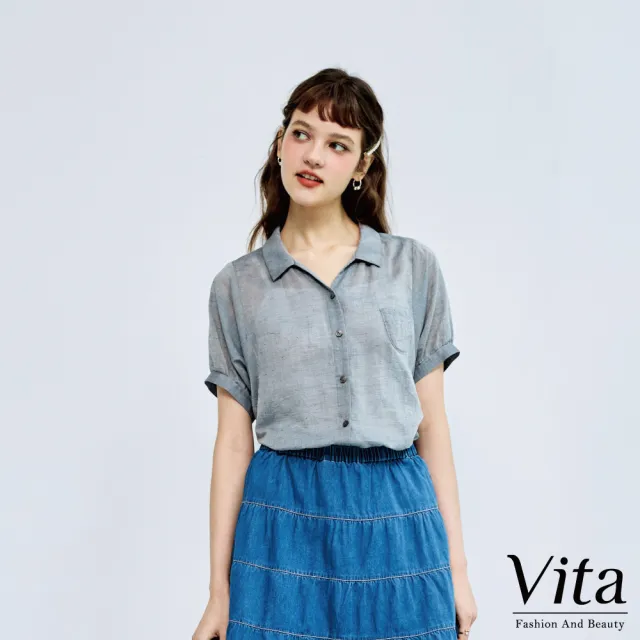 【MYSHEROS 蜜雪兒】VITA 棉麻造型襯衫 翻領排釦 胸口小口袋點綴(二色任選)