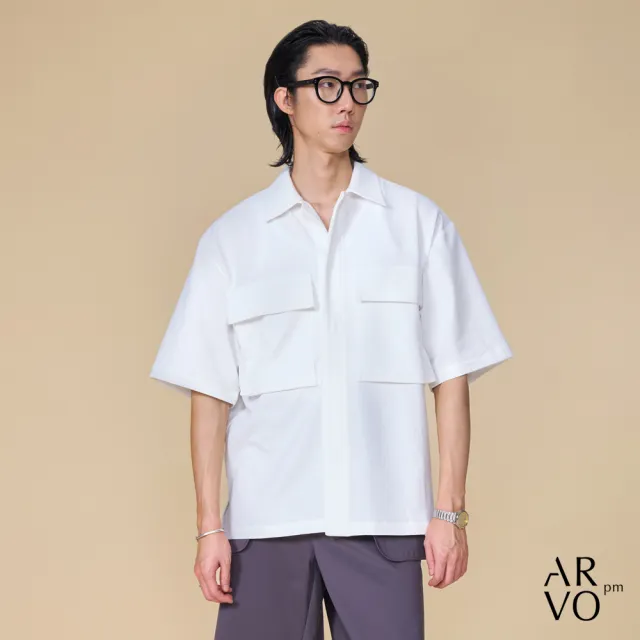 【ARVOpm】男女同款 坑條白色短袖襯衫00092505102(限時6折)