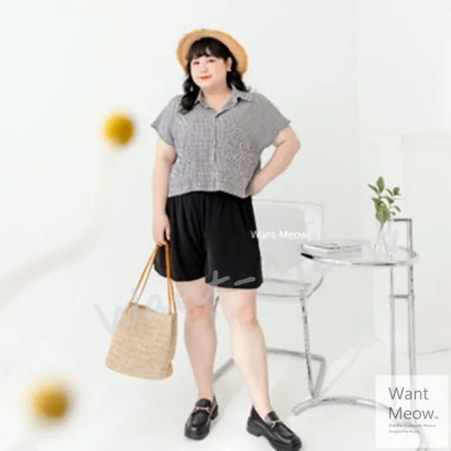 【Want-Meow】90公斤可穿/夏日清新顯瘦格紋短褲套裝兩件組/棉花糖女孩穿搭(大碼/大尺碼/加大碼/大碼)