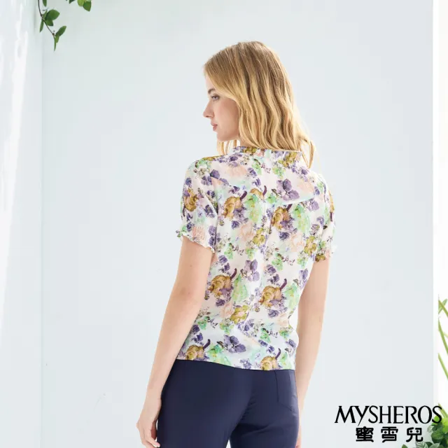 【MYSHEROS 蜜雪兒】天絲棉造型上衣 滿版花卉印花 花邊百褶綁帶領(紫)