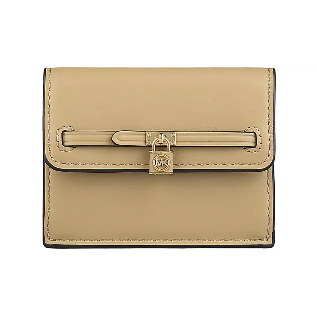 【Michael Kors】MK MICHAEL KORS Hamilton Legacy 鎖頭金字LOGO牛皮2卡釦式卡片零錢包(駱駝米)