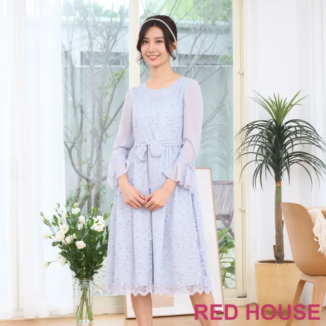 【RED HOUSE 蕾赫斯】雪紡剪接點點花朵蕾絲洋裝(共2色)