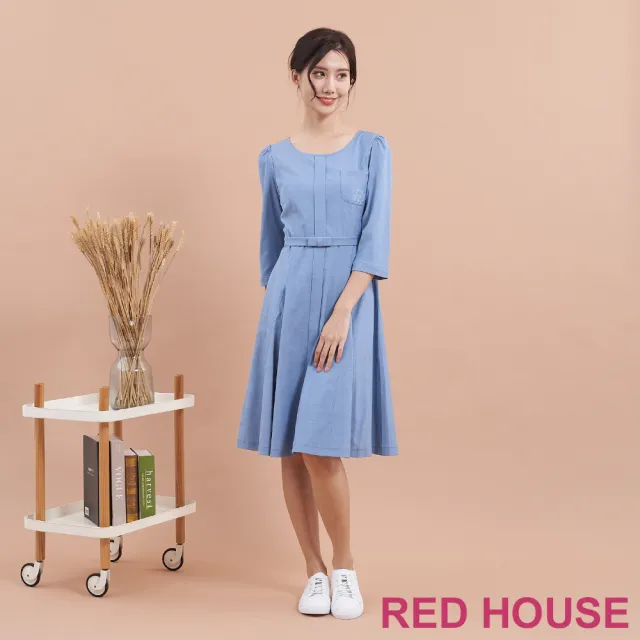 【RED HOUSE 蕾赫斯】素雅口袋繡花剪接洋裝(藍色)