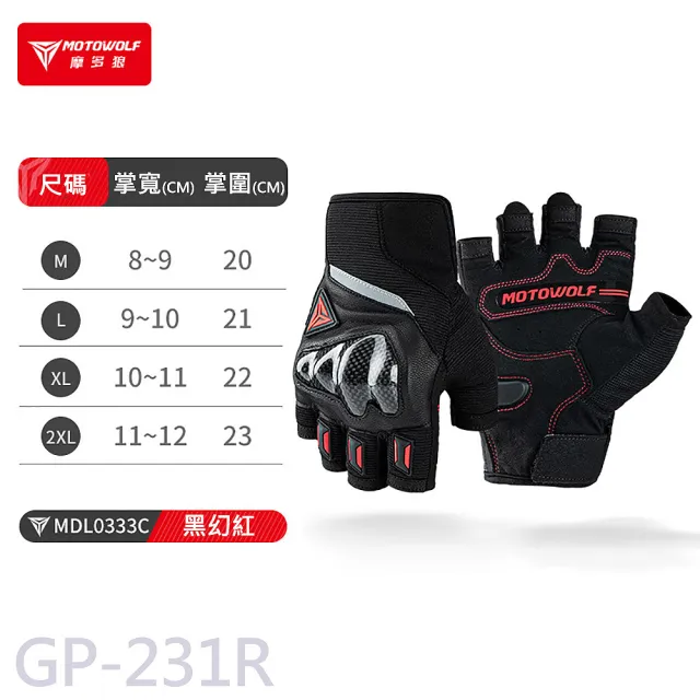 【MOTOWOLF】GP-231 摩多狼 摩托車夏季騎行 碳纖維 真皮 半指透氣 防摔手套(原廠正式授權 公司貨)