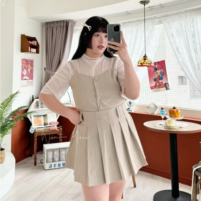 【Want-Meow】75公斤可穿/超顯瘦韓系背心短百褶裙套裝兩件組(大碼/大尺碼/加大碼/大碼/婚禮穿搭)