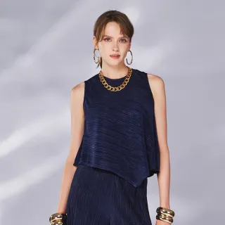 【KERAIA 克萊亞】秘光深藍細壓褶無袖上衣