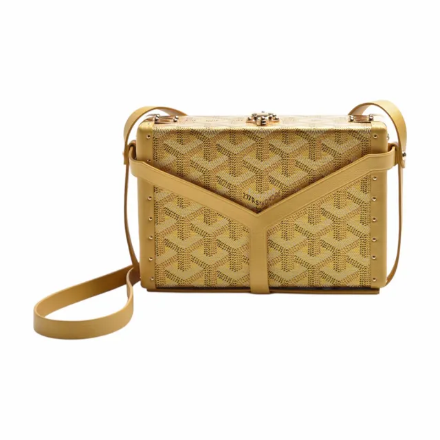 【GOYARD 高雅德】Minaudière系列滿版LOGO手工帆布山羊皮方盒兩用斜背包(香檳金-限量版MINA55PM-Champ)