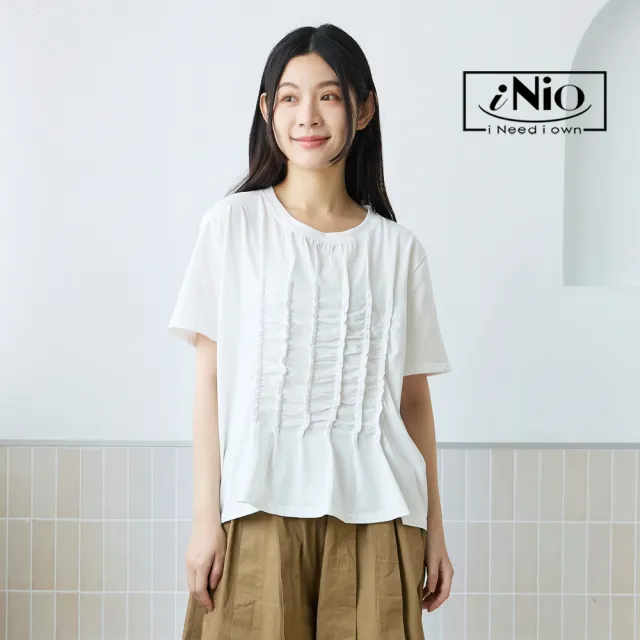 【iNio 衣著美學】短袖上衣 正面抽皺 立體皺摺 圓領棉T 黑/白/卡其(CEW1123)
