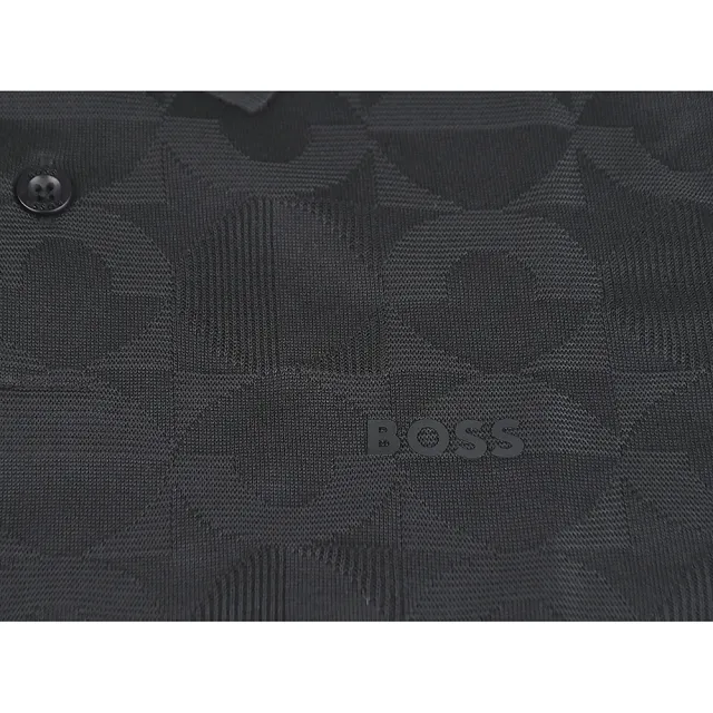 【BOSS】BOSS橡膠黑字LOGO純棉幾何圖形設計2鈕釦領口短袖POLO衫(男款/黑)