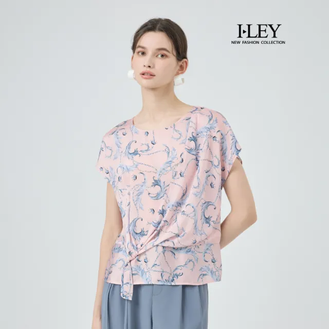 【ILEY 伊蕾】藝術印花扭結雪紡上衣(粉；M-2L；1252071408)