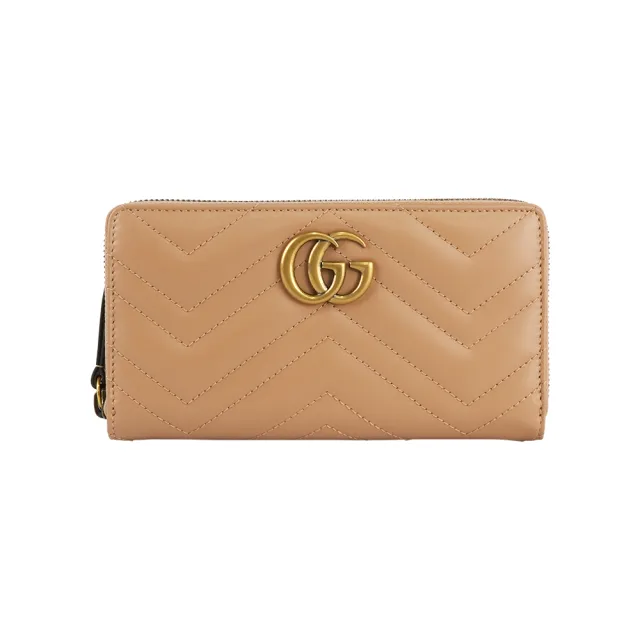 【GUCCI 古馳】GG Marmont 縫線皮革ㄇ形拉鍊長夾(裸粉色)
