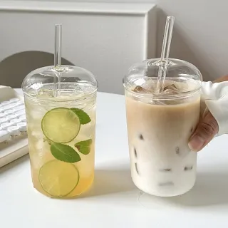 【好生活】日式質感全透明帶蓋吸管玻璃杯(450ml 大口徑 辦公室 水壺 水杯 咖啡杯 飲料杯)