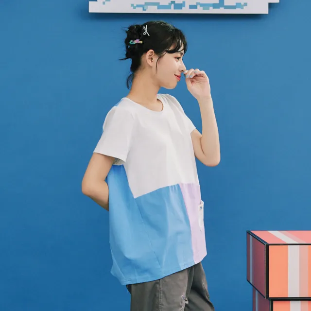 【Dailo】拼接色塊短袖上衣(白 粉 綠 黃/魅力商品)