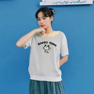【Dailo】棉花糖女孩圖案撞色連帽短袖針織上衣(白 米 灰)