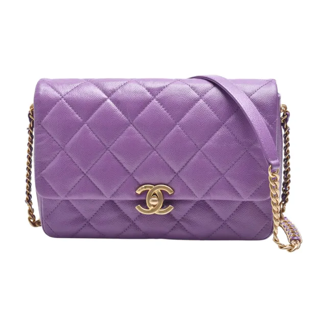 【CHANEL 香奈兒】22P Melody Flap系列經典雙C LOGO粒紋牛皮雙鍊斜背包(木槿紫 AS3103C-PUR-GPN)