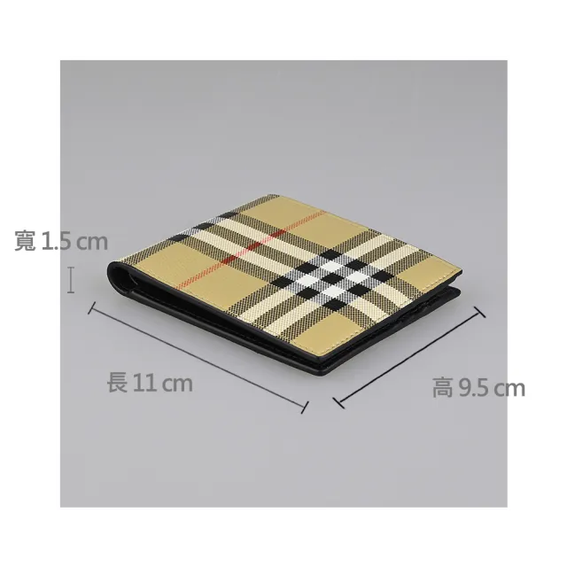 【BURBERRY 巴寶莉】BURBERRY 內燙印LOGO小牛皮拼格紋PVC 8卡對折短夾(典藏米x黑)