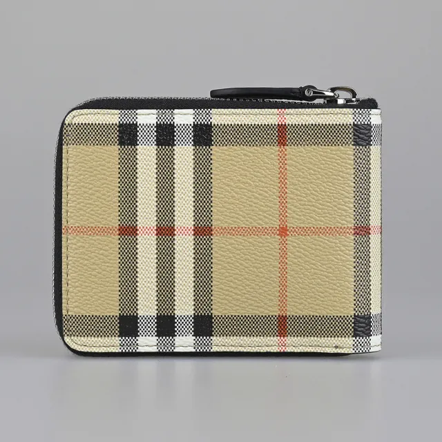 【BURBERRY 巴寶莉】BURBERRY MS Daniels 內壓印LOGO小牛皮拼格紋PVC 3卡拉鍊短夾(典藏米x黑)
