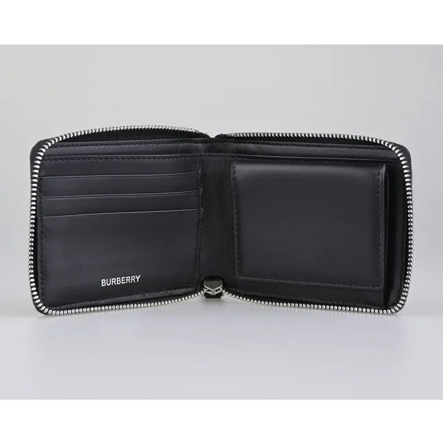 【BURBERRY 巴寶莉】BURBERRY MS Daniels 內壓印LOGO小牛皮拼格紋PVC 3卡拉鍊短夾(典藏米x黑)