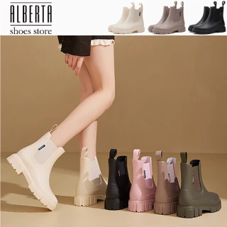 【Alberta】新款流行雨鞋 跟高3.5cm 筒高14.5cm 粗跟切爾西短靴防水雨靴 厚底靴 2色