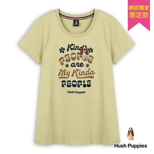 【Hush Puppies】女裝 T恤 Q版造型花朵植絨印花刺繡狗短袖T恤(淺綠 / 54211904)
