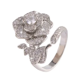 【ANGEL】滿鑽山茶花精品風搶眼開口可調節戒指(銀色)