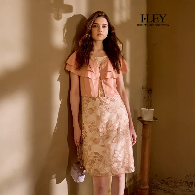 【ILEY 伊蕾】荷葉造型外套假兩件蕾絲洋裝(粉;M-2L;1252077156)