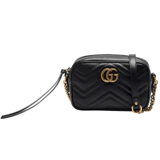 【GUCCI 古馳】Marmont 2.0系列仿舊金色雙G LOGO 山字車紋拉鍊肩背包(黑色448065-DRW1T-1000)