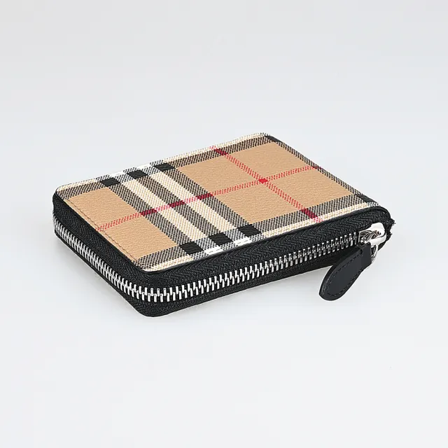 【BURBERRY 巴寶莉】BURBERRY 內字母LOGO格紋塗層帆布搭牛皮ㄇ字拉鍊零錢短夾(米x黑)