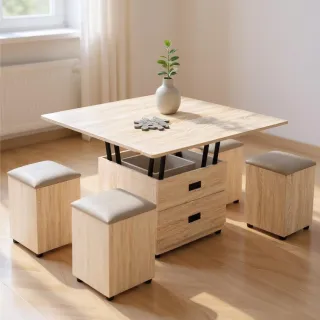 【IHouse】巧匠 1桌4椅 緩衝機能升降茶几/餐桌(升級-安全氣壓緩衝)