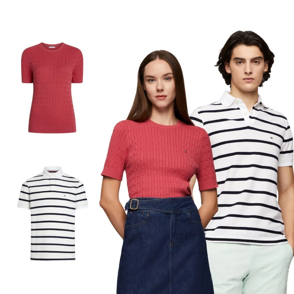 【TOMMY HILFIGER】官方旗艦館 精緻條紋彈性 Polo 絞花針織短袖毛衣_多款任選