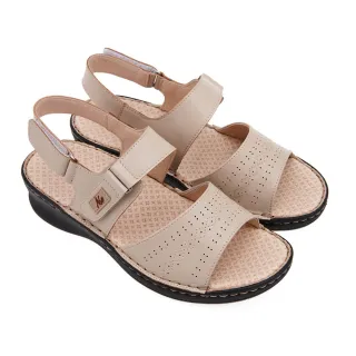 【A.S.O 阿瘦集團】A.S.O 機能休閒手縫氣墊魔鬼粘一字寬版真皮涼(女鞋_米色)