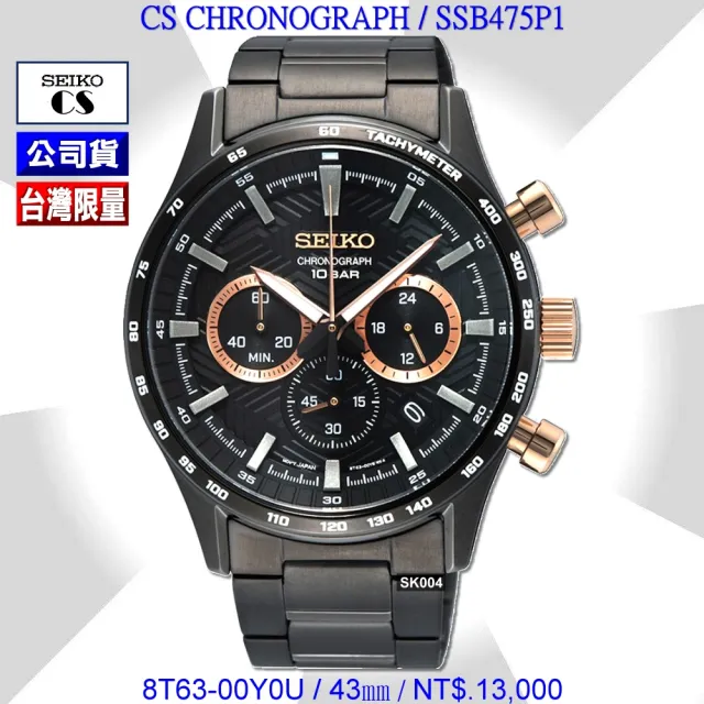 【SEIKO 精工】超熱賣 台灣限量款 CS三眼系列/PVD黑金面精鋼計時腕錶43㎜款 SK004(SSB475P1/8T63-00Y0U)