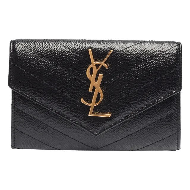 【YSL】MONOGRAM系列V字縫線魚子醬牛皮金屬LOGO暗釦零錢包(黑414404-BOW01-1000)（其他規格）
