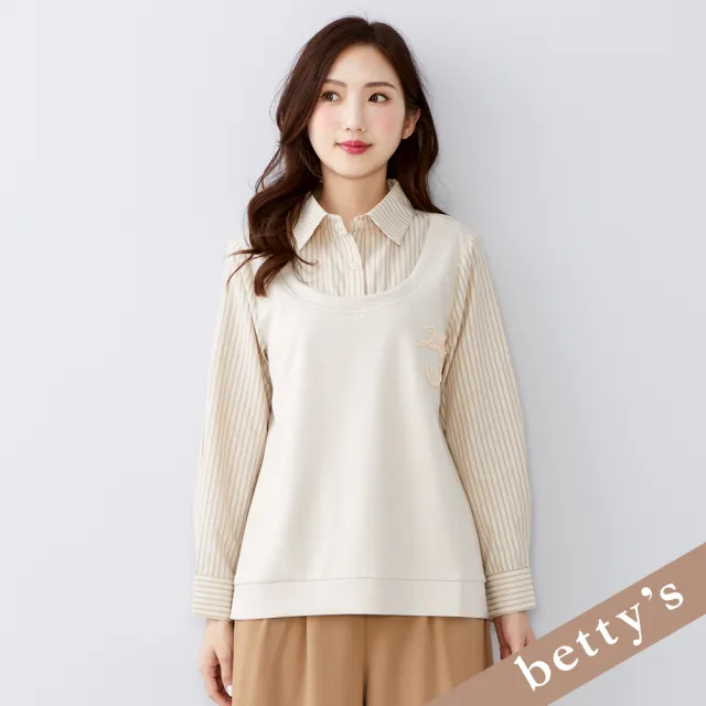 【betty’s 貝蒂思】出清品  假兩件笑臉刺繡直條紋上衣(卡其)