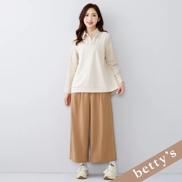【betty’s 貝蒂思】出清品 假兩件笑臉刺繡直條紋上衣(卡其)