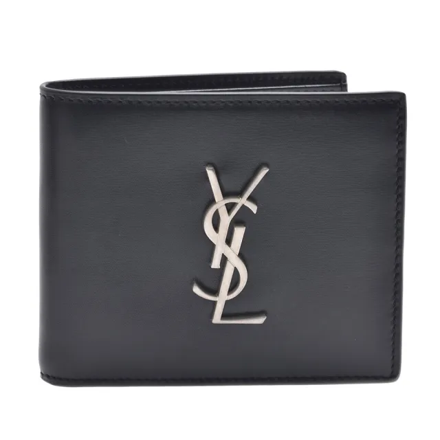 【YSL】經典銀色品牌LOGO小牛皮摺疊短夾(黑色453276-0SX0E-1000)