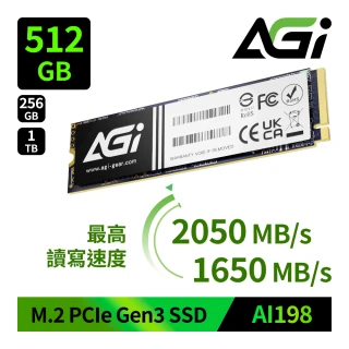 【AGI亞奇雷】AI198 512GB M.2 PCIe Gen3 SSD 固態硬碟(讀寫2050/1600MBs)