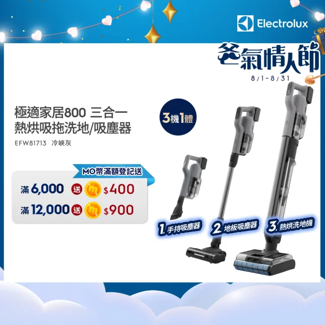 【Electrolux 伊萊克斯】極適家居800 三機一體熱烘吸拖洗地機/吸塵器(EFW81713 冷峽灰)