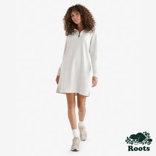 【Roots】Roots女裝- COOPER 半拉鍊洋裝(白麻灰)