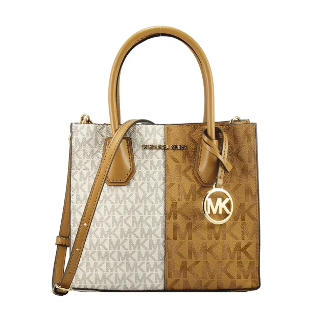 【Michael Kors】MERCER新款雙拼滿版PVC LOGO寬底手提/肩背/斜背包(咖啡白)