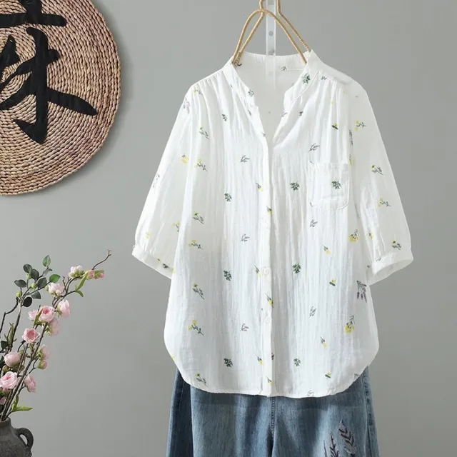 【ACheter】文藝雙層棉紗印花碎花襯衫時尚短版中袖上衣#124902(藍  黃  黑白)