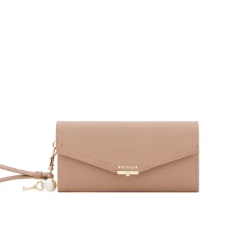 【KINAZ】附愛心鑰匙吊飾腕帶珍珠五金信封掀蓋牛皮長夾-櫻粉蠟-悄悄信系列