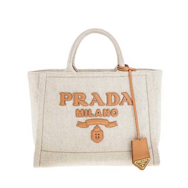 【PRADA 普拉達】新款立體皮革PRADA字體輕盈亞麻混紡手提袋/托特包(米色)