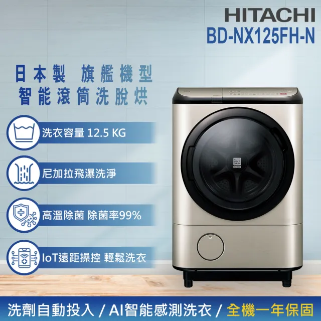 【HITACHI 日立】12.5KG日製IoT智能自動投劑變頻左開滾筒洗脫烘洗衣機(BD-NX125FH-N)